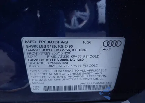 2021 Audi Q5 Premium Plus из США, поврежденный, VIN WA1BAAFY5M2015445